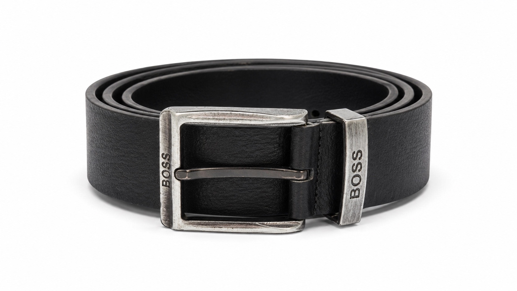 BOSS Men’s Black Textured Belt with Silver Buckle