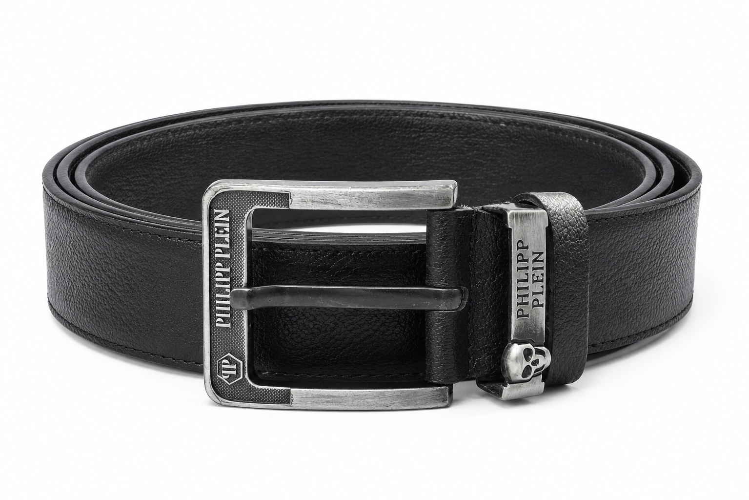 Philipp Plein Men’s Black Leather Belt – Silver Logo Buckle