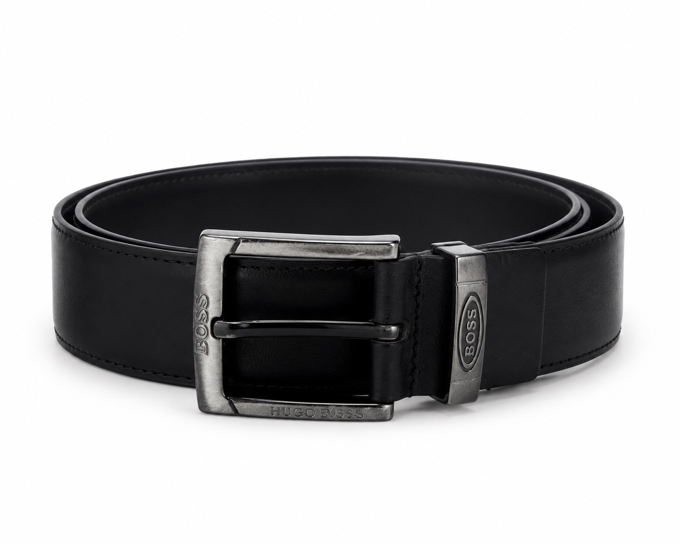 HUGO BOSS Black Leather Belt with Gunmetal Buckle