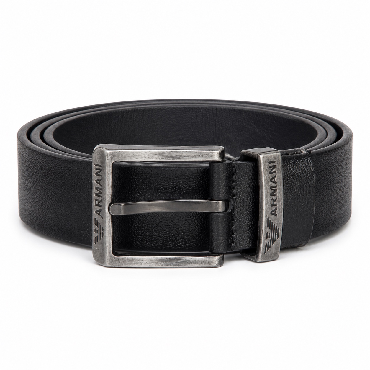 Armani Black Textured Leather Belt with Silver Buckle