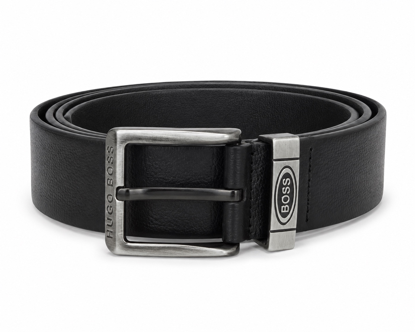 HUGO BOSS Black Textured Leather Belt with Logo Buckle