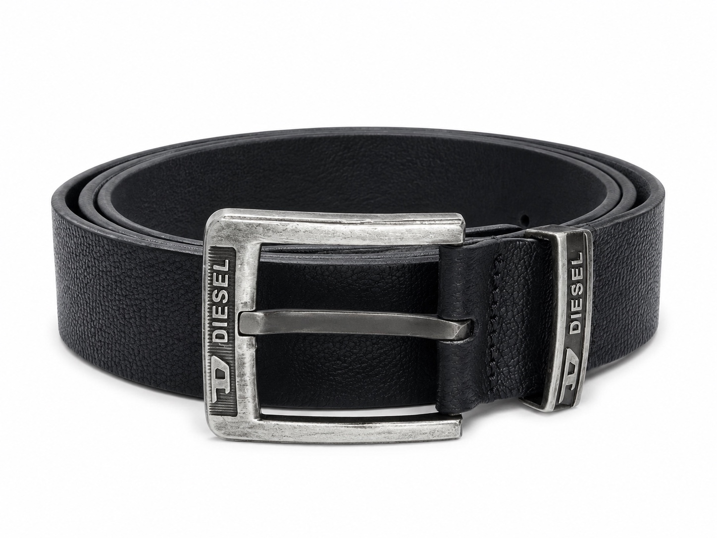DIESEL Men’s Black Textured Belt with Silver Buckle