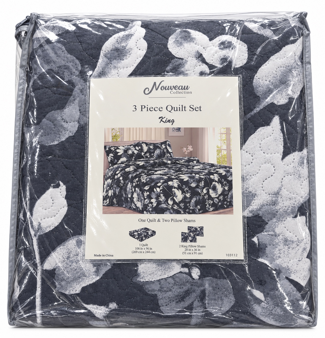 Grey Floral 3-Piece King Quilt Set