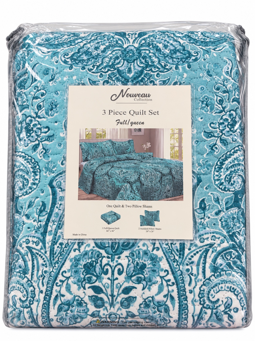 Turquoise Paisley 3-Piece Full/Queen Quilt Set