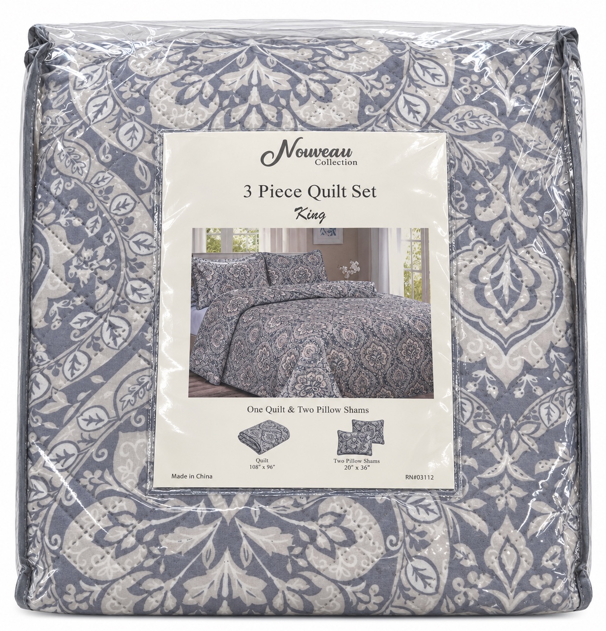 Grey Damask 3-Piece King Quilt Set