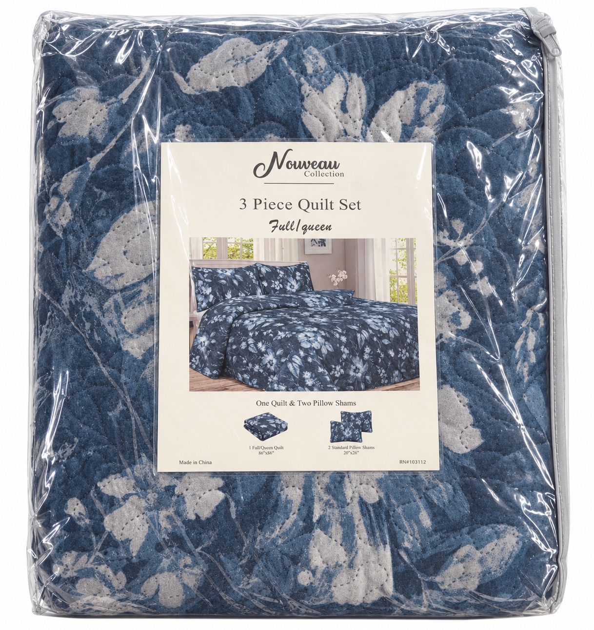 Blue Floral 3-Piece Full/Queen Quilt Set