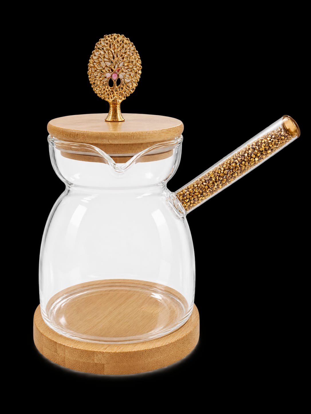 Glass Coffee & Tea Pot with Bamboo Lid and Gold Handle
