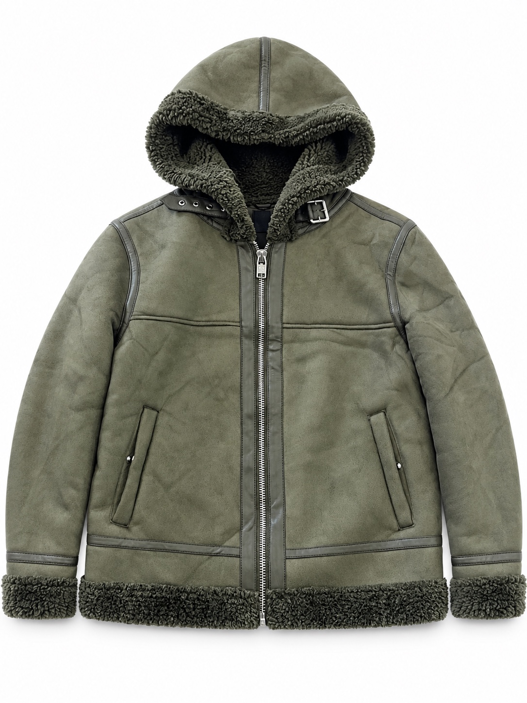 Olive Green Hooded Shearling Jacket