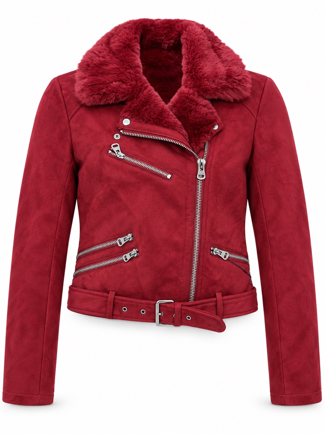 Red Faux-Suede Shearling Biker Jacket