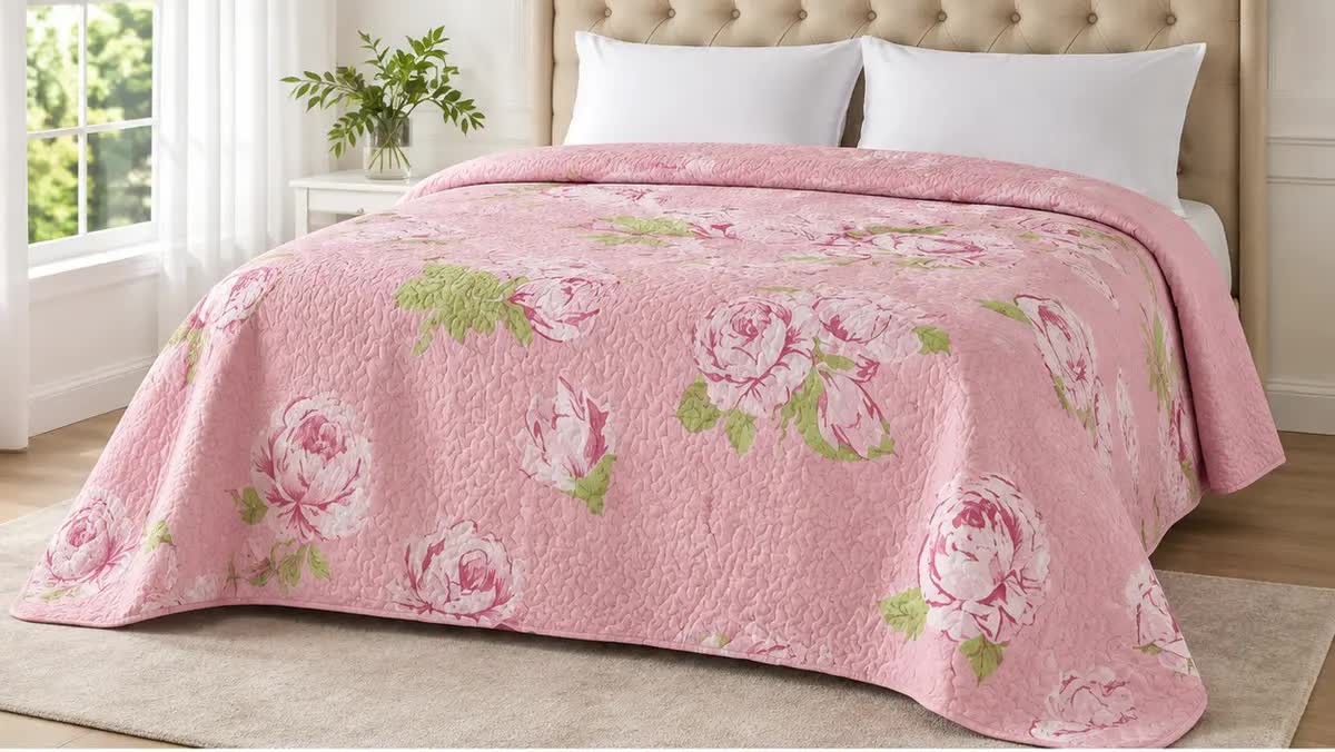 Meradiso Pink Floral Reversible Bedspread 240 × 270 cm