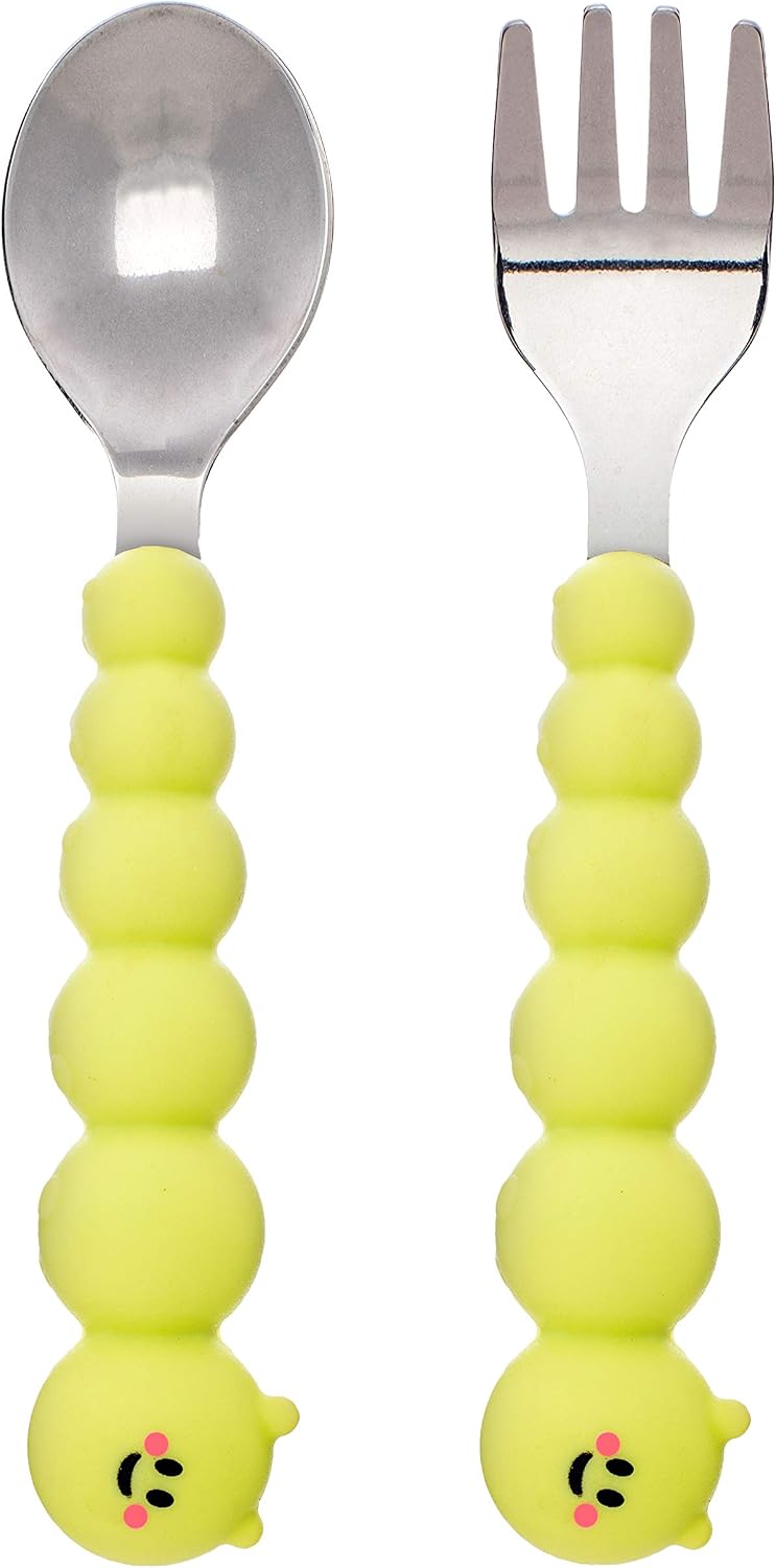 melii Caterpillar Spoon and Fork Set for Toddlers - Silicone and Stainless Steel Utensils with Easy Grip Handles