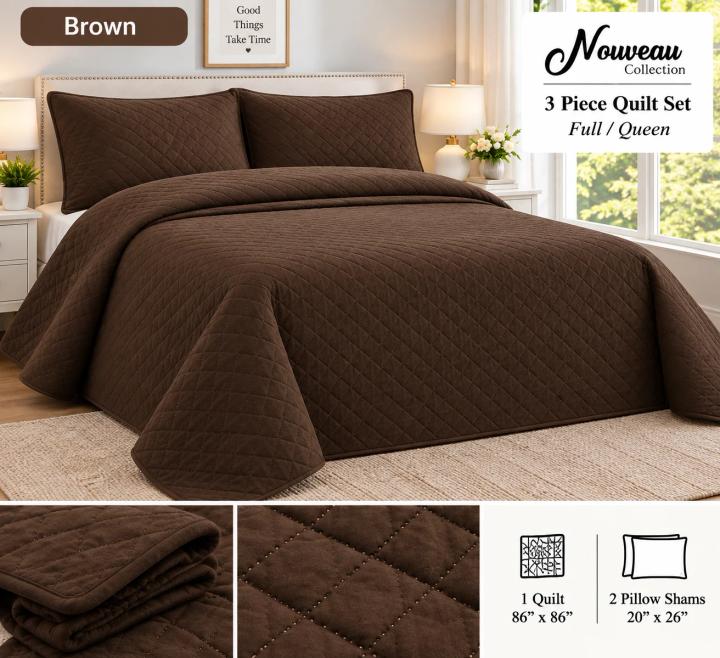 طقم لحاف بني لسرير مزدوج/كوين من Nouveau Collection، 3 قطع