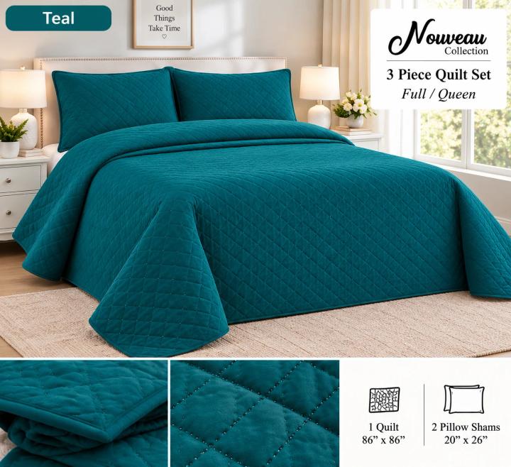 طقم لحاف أزرق مخضر لسرير مزدوج/كوين من Nouveau Collection، 3 قطع