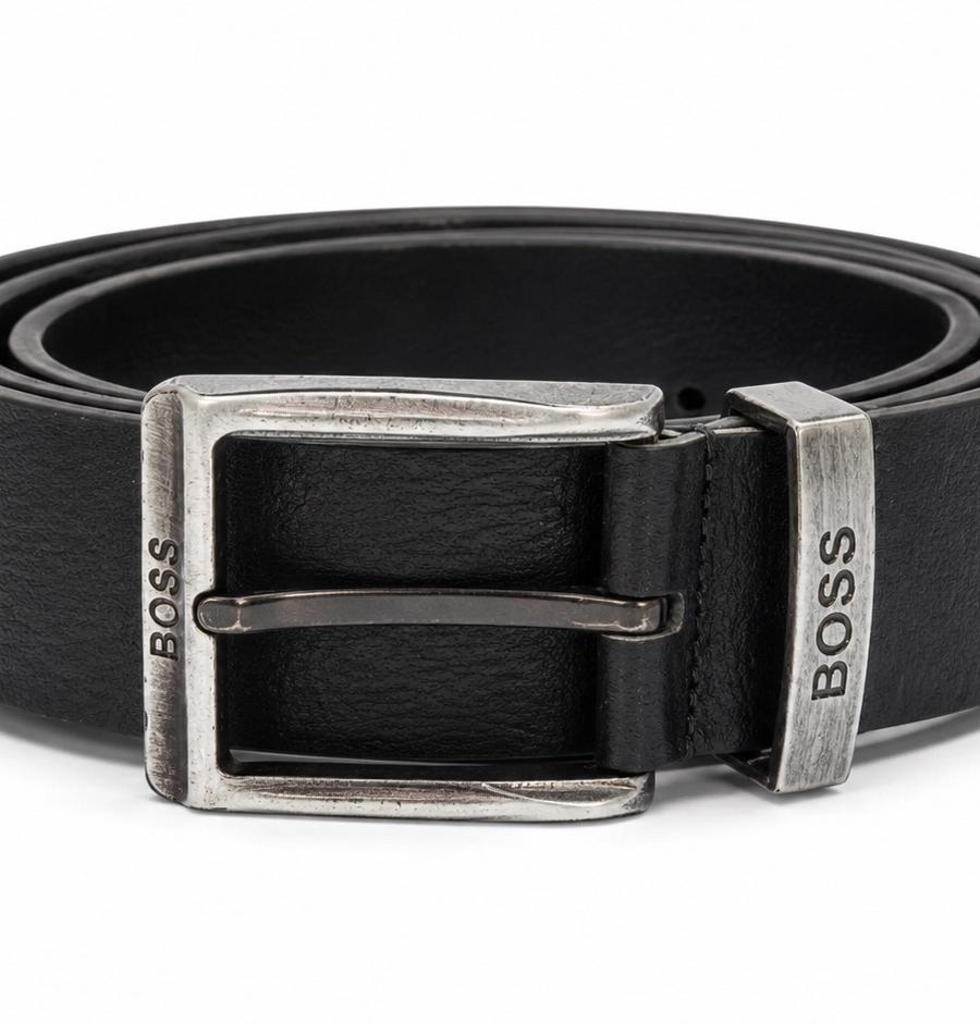 BOSS Men’s Black Textured Belt with Silver Buckle