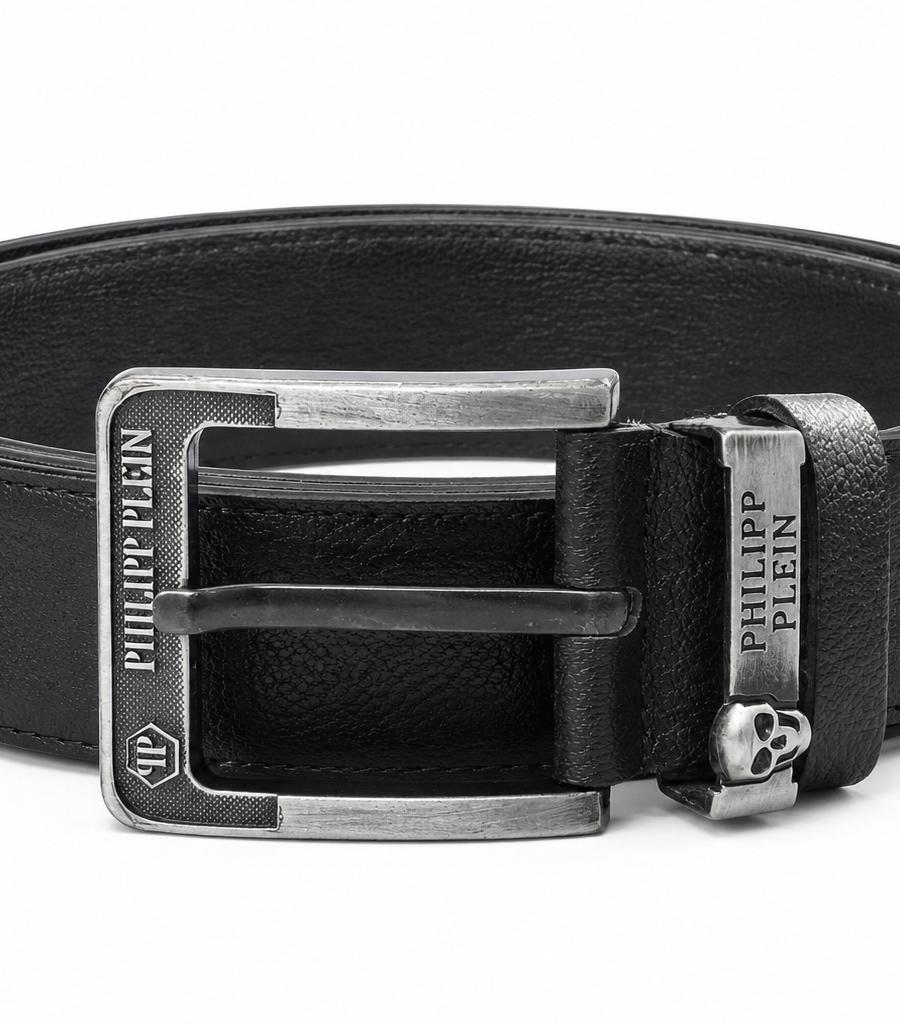 Philipp Plein Men’s Black Leather Belt – Silver Logo Buckle