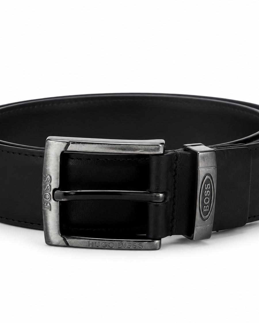 HUGO BOSS Black Leather Belt with Gunmetal Buckle