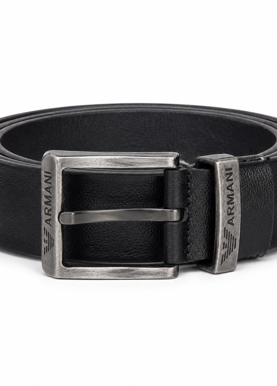 Armani Black Textured Leather Belt with Silver Buckle