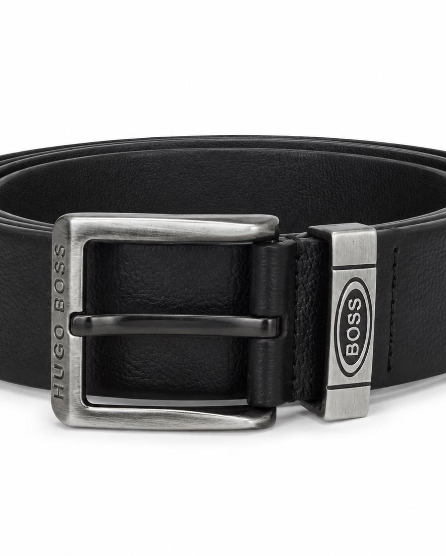 HUGO BOSS Black Textured Leather Belt with Logo Buckle