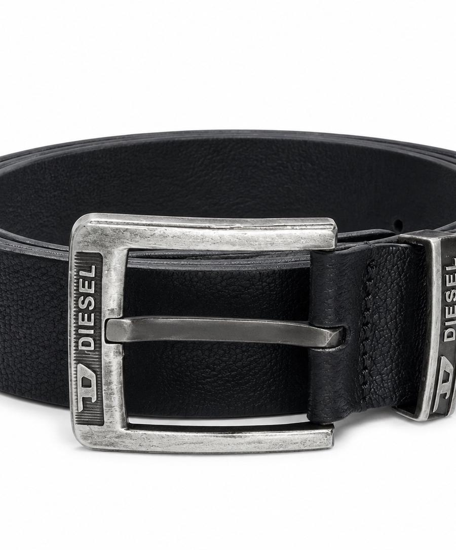 DIESEL Men’s Black Textured Belt with Silver Buckle