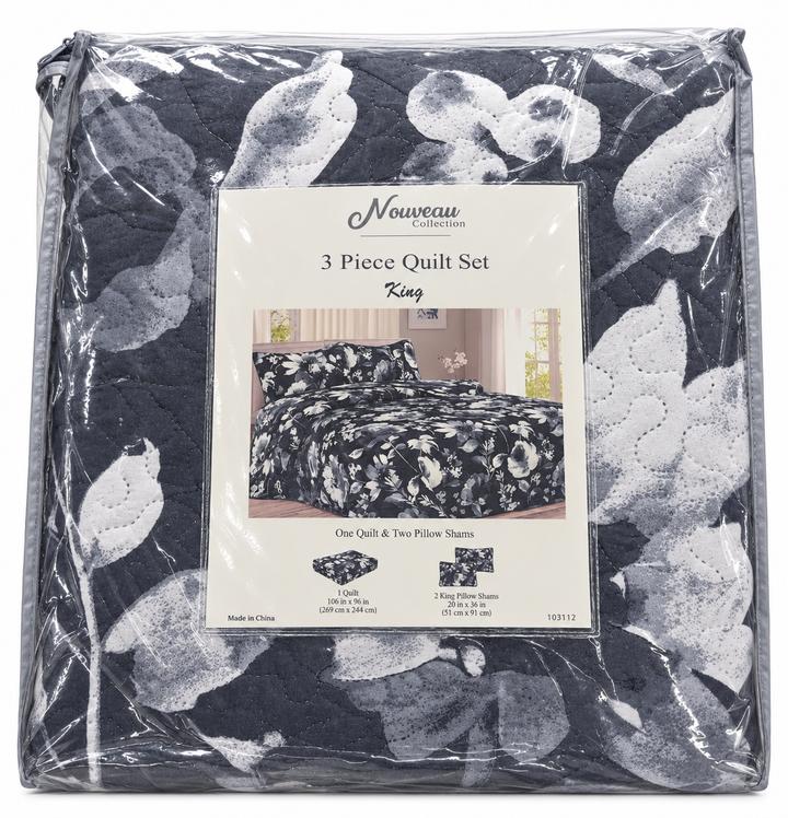 Grey Floral 3-Piece King Quilt Set