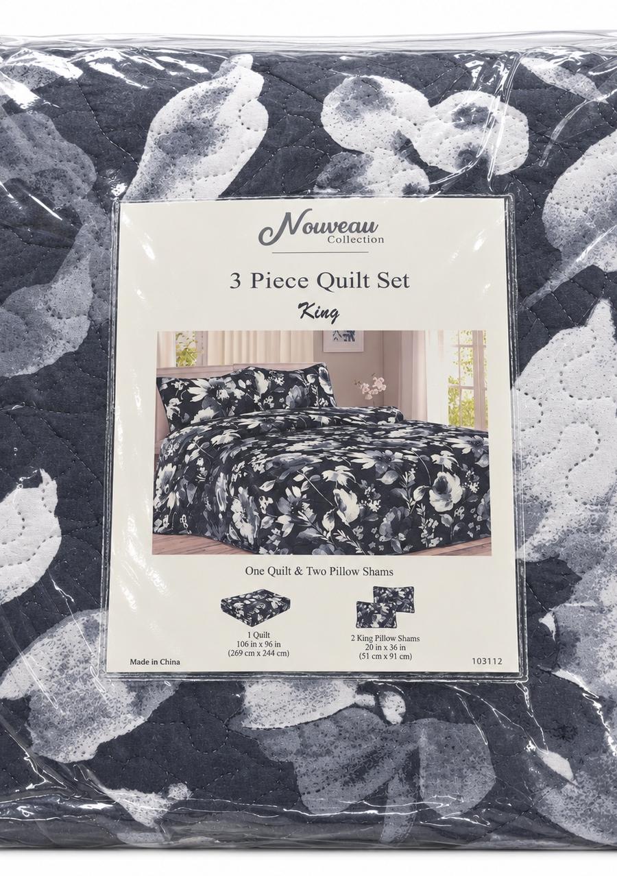 Grey Floral 3-Piece King Quilt Set