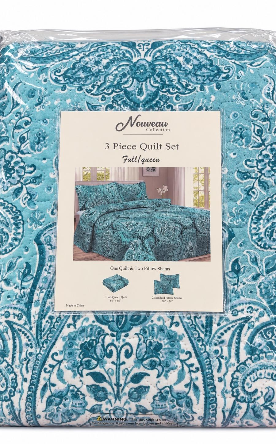 Turquoise Paisley 3-Piece Full/Queen Quilt Set