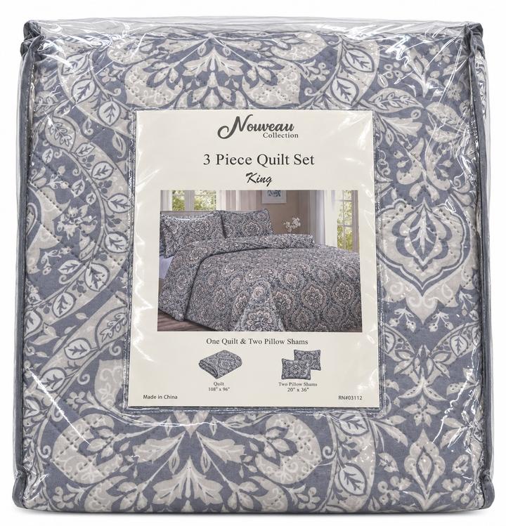 Grey Damask 3-Piece King Quilt Set
