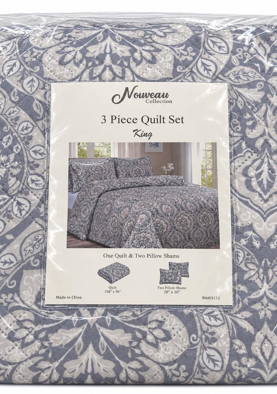 Grey Damask 3-Piece King Quilt Set