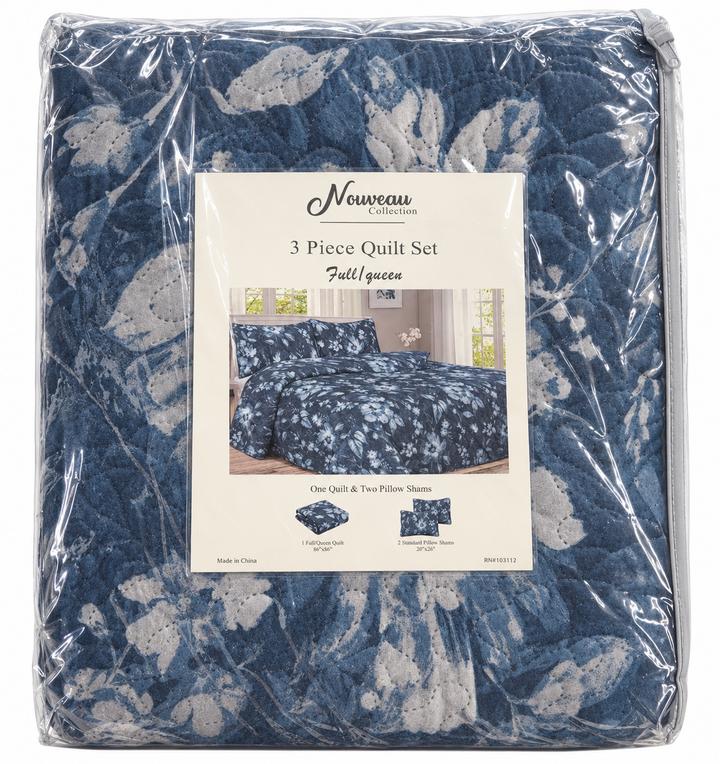 Blue Floral 3-Piece Full/Queen Quilt Set