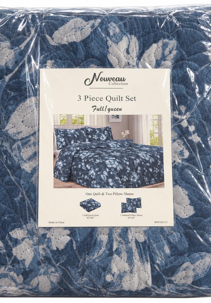 Blue Floral 3-Piece Full/Queen Quilt Set