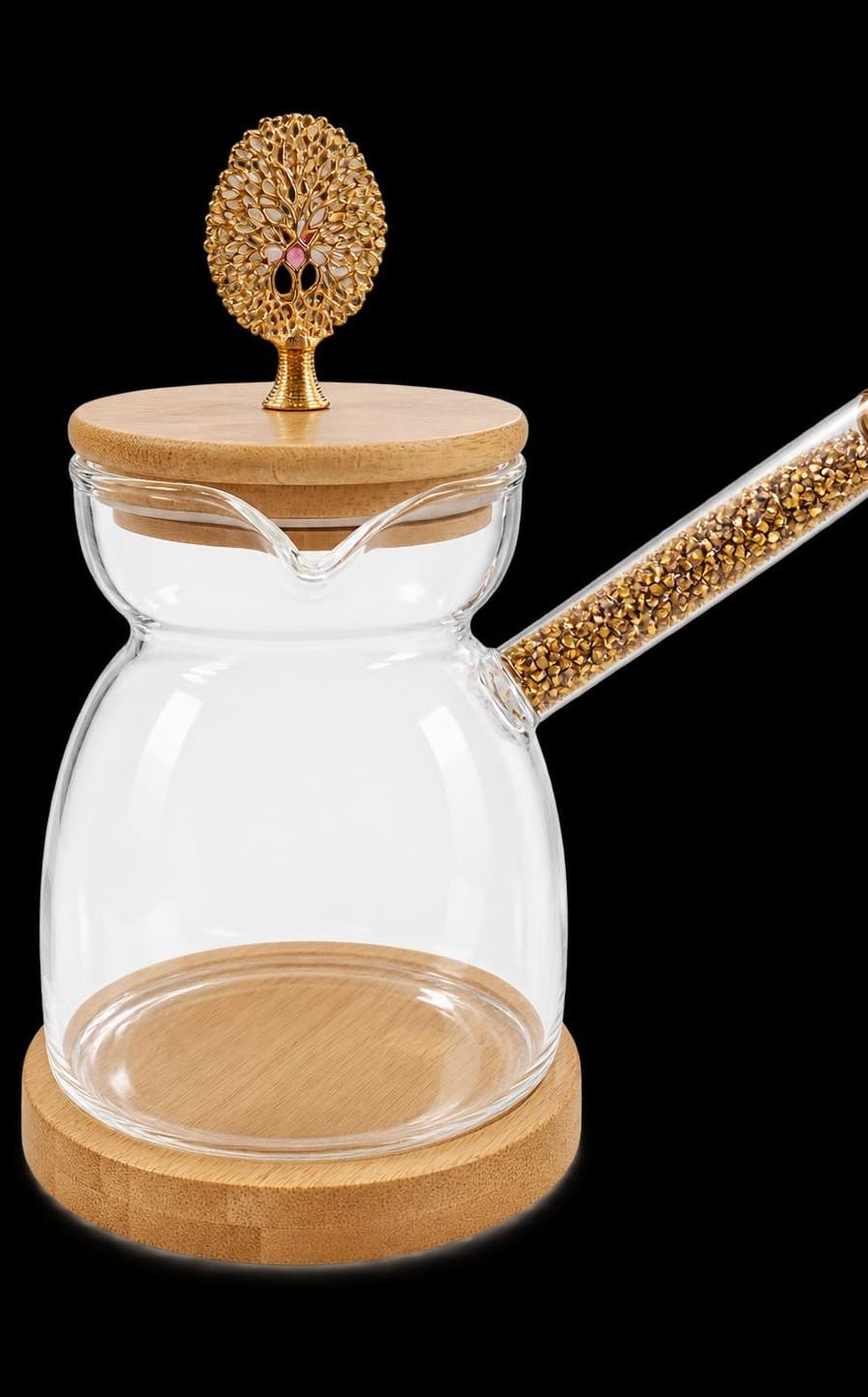 Glass Coffee & Tea Pot with Bamboo Lid and Gold Handle