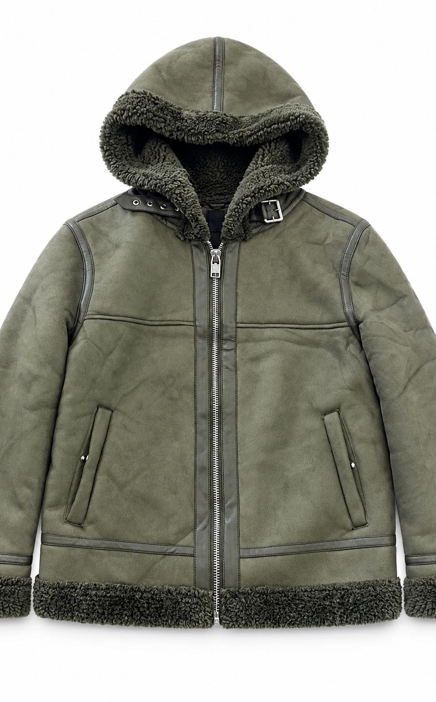 Olive Green Hooded Shearling Jacket