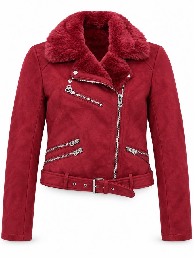 Red Faux-Suede Shearling Biker Jacket