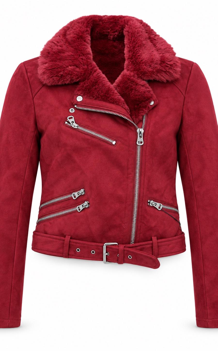 Red Faux-Suede Shearling Biker Jacket