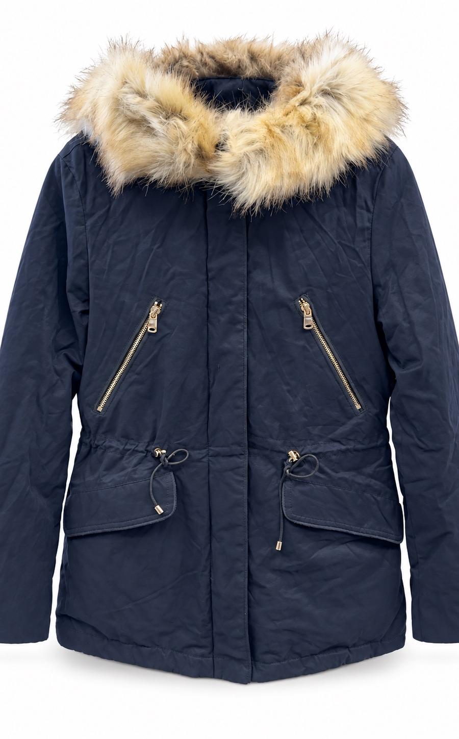 Zara TRF Navy Faux-Fur Lined Hooded Parka