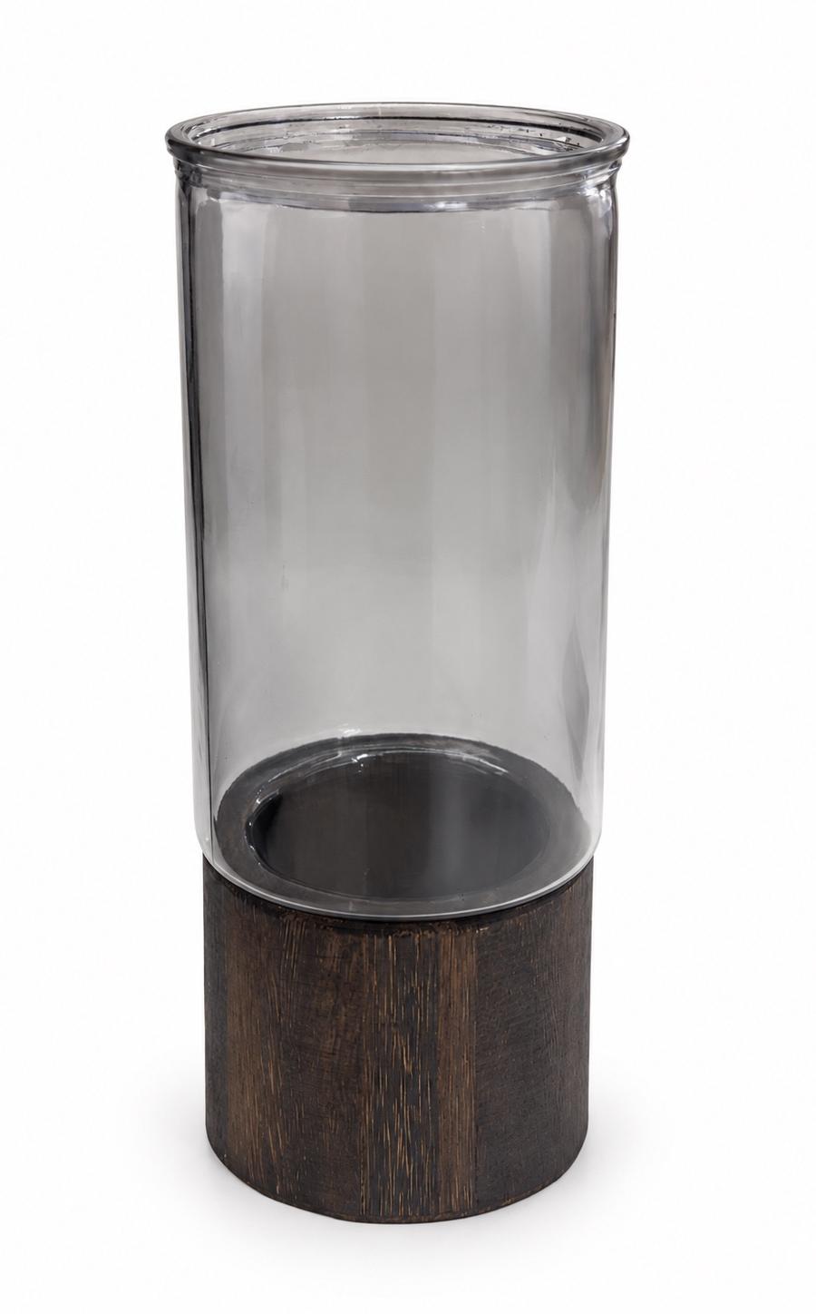Smoked Glass & Dark Wood Hurricane Candle Holder