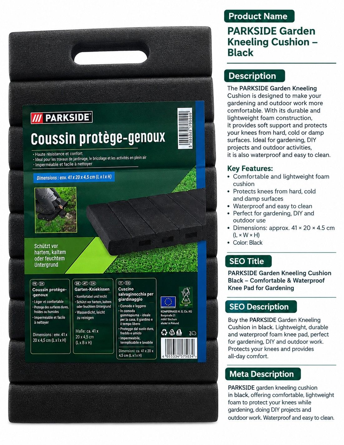 PARKSIDE Garden Kneeling Cushion – Black