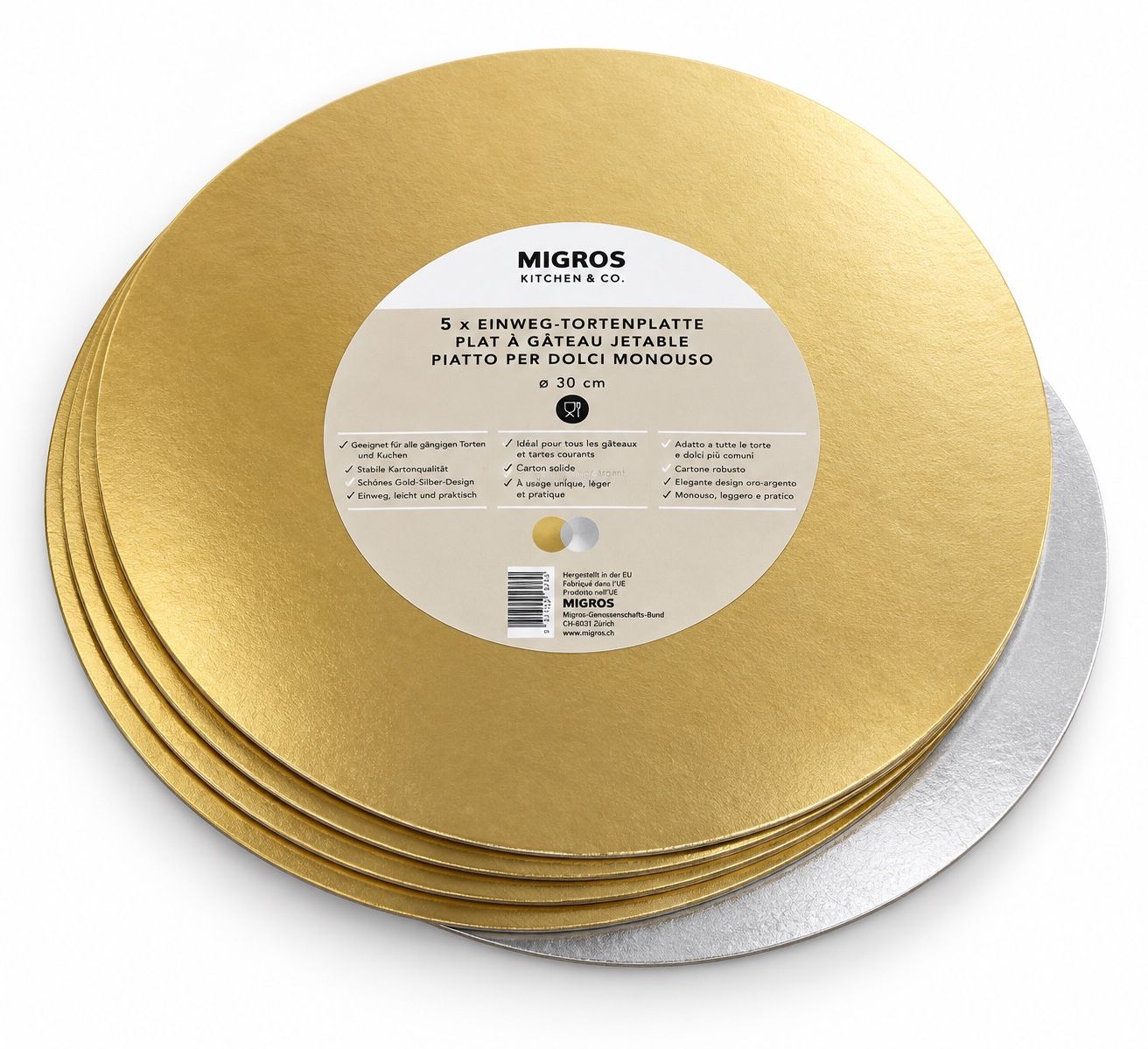 Migros Gold & Silver Disposable Cake Boards – 30 cm, Pack of 5