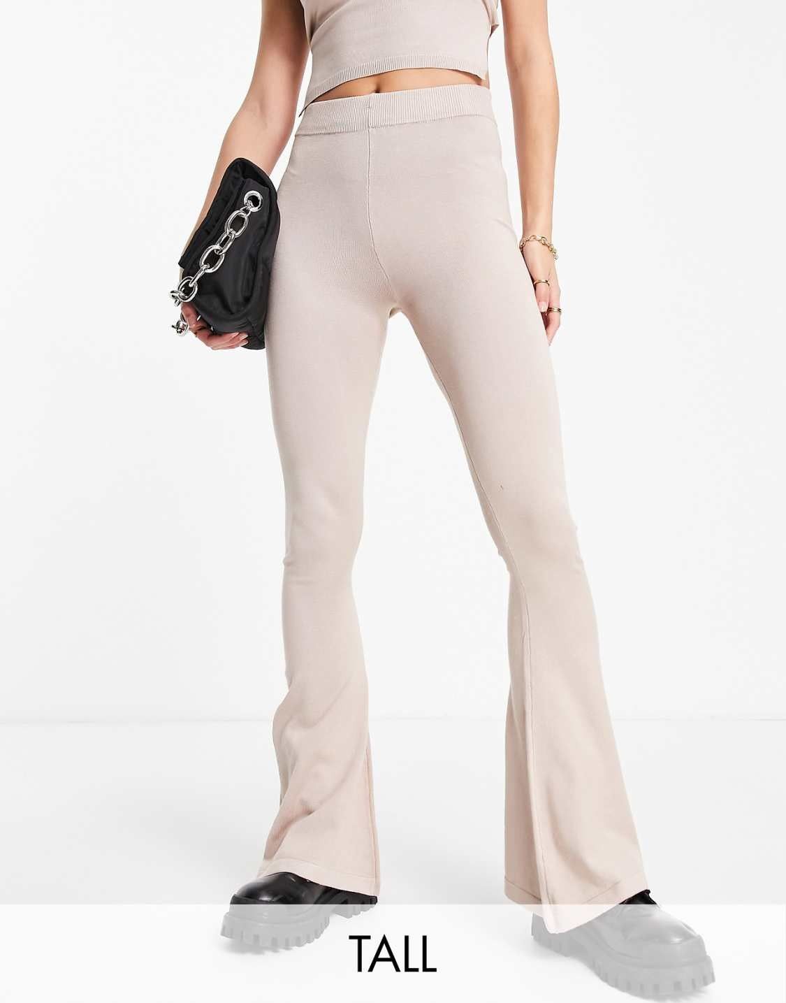 Missguided High Waisted Ribbed Knit Flared Trousers in Sand Beige
