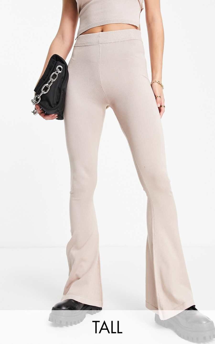 Missguided High Waisted Ribbed Knit Flared Trousers in Sand Beige