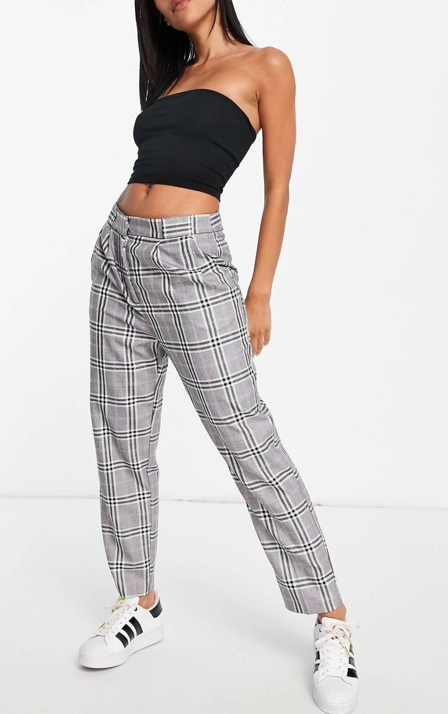 ASOS DESIGN High-Waisted Tapered Trousers in Grey Purple Plaid Check — view 1 of 2