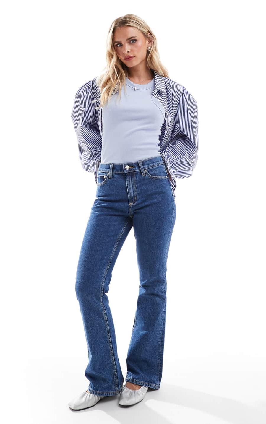 ASOS DESIGN High-Waisted Flare Jeans in Dark Wash Blue — view 1 of 2