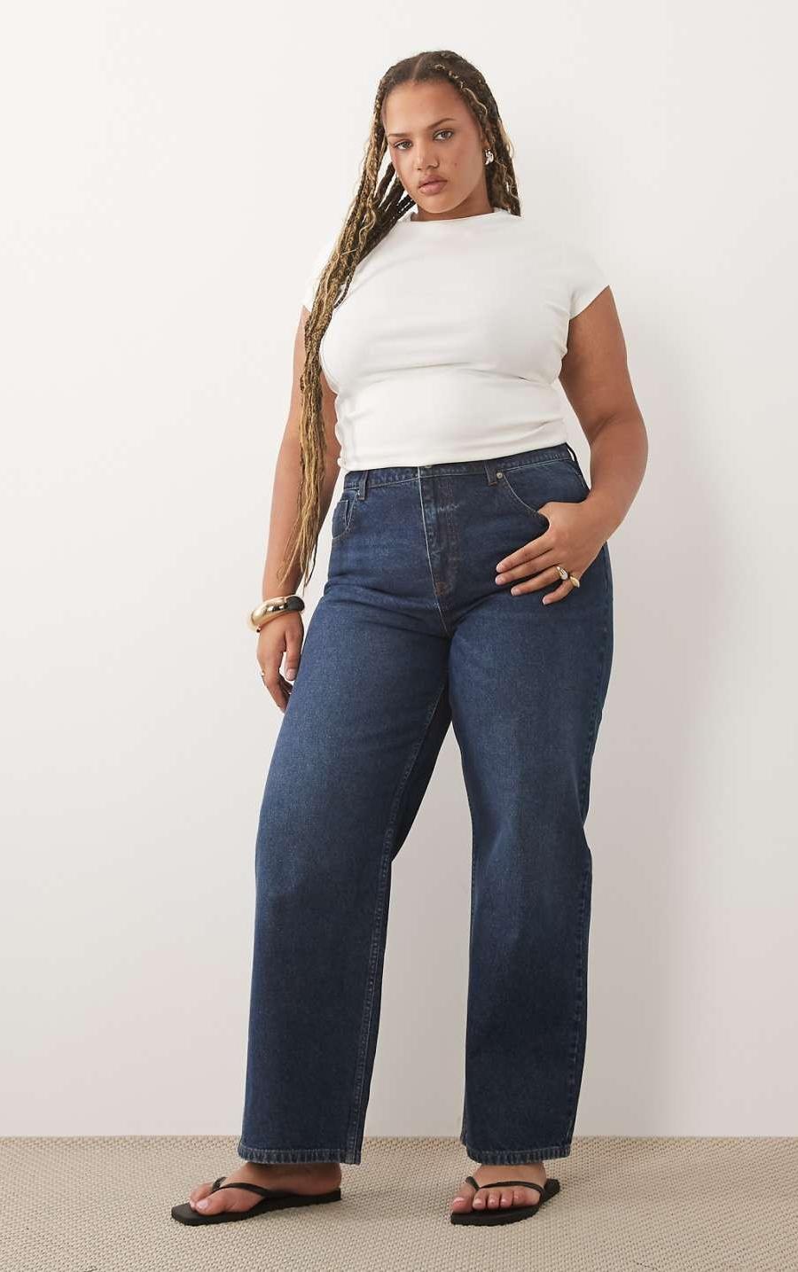 ASOS DESIGN High-Waisted Wide-Leg Jeans in Mid-Wash Blue — view 1 of 2