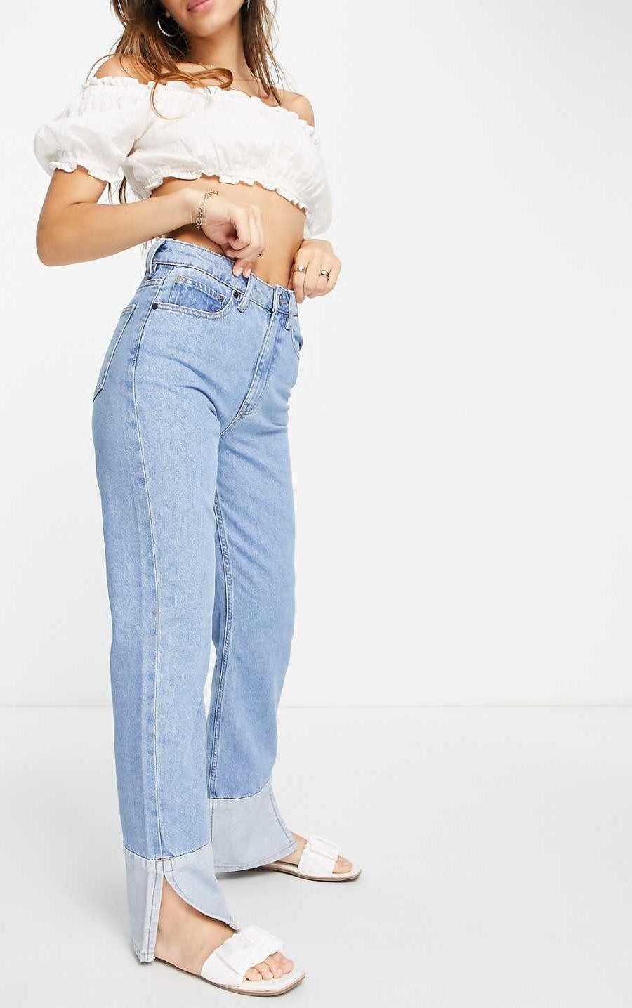 Waven contrast hem straight leg jeans in 90s blue — view 1 of 2
