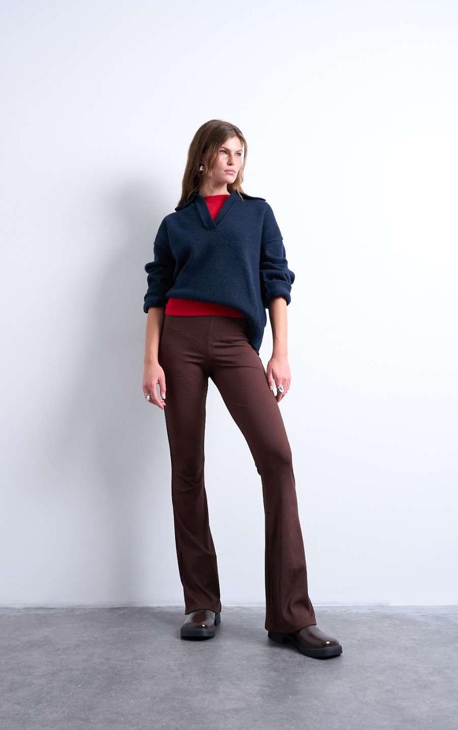 Topshop skinny rib flared trouser in chocolate brown — view 1 of 2