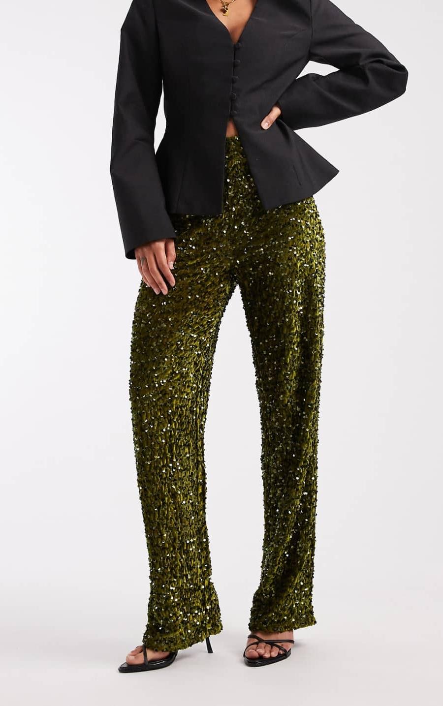 Pieces wide leg velour sequin trousers in olive green  from flounce london