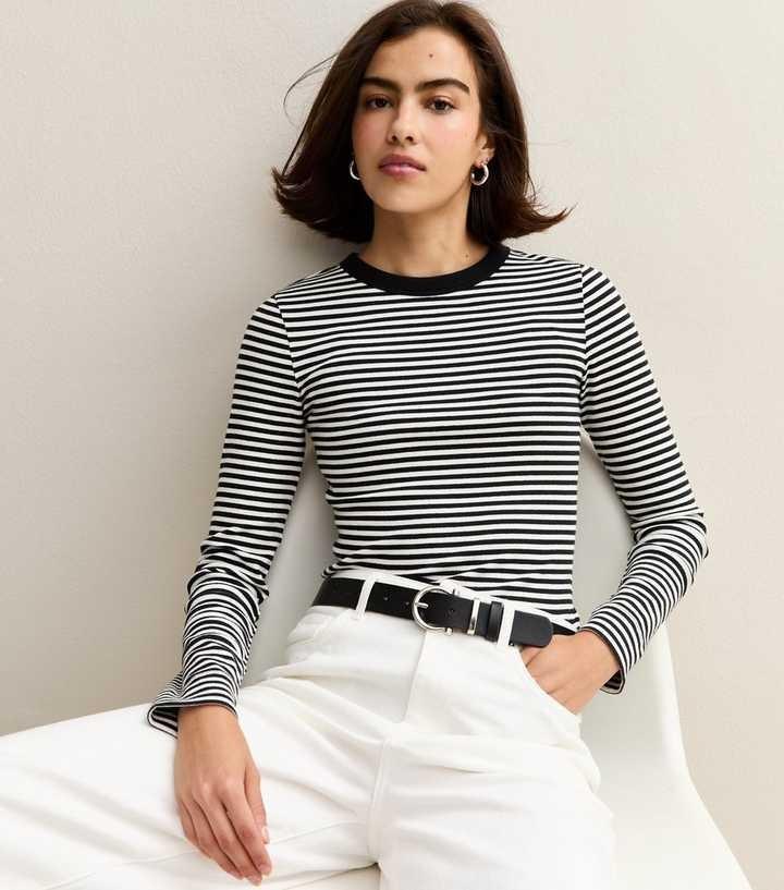 Black and White Striped Long Sleeve Ribbed Jersey Top