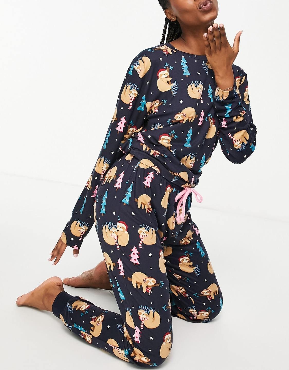 Chelsea Peers Christmas sloth long pyjamas in navy