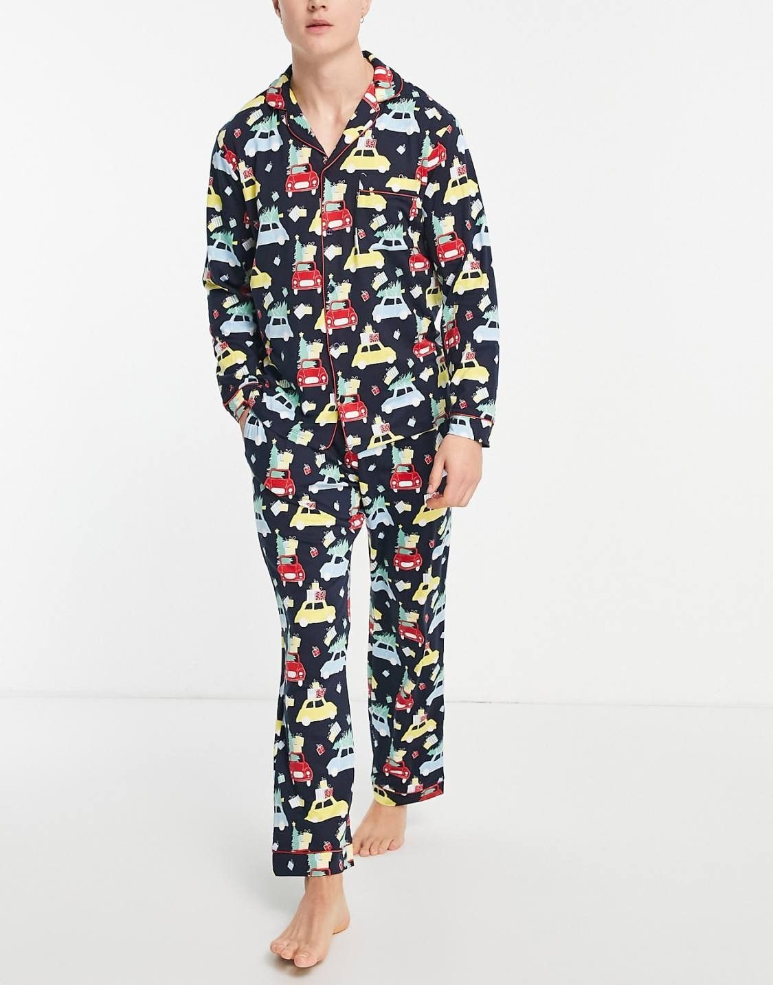 Chelsea Peers Christmas button down taxi pyjamas in black print