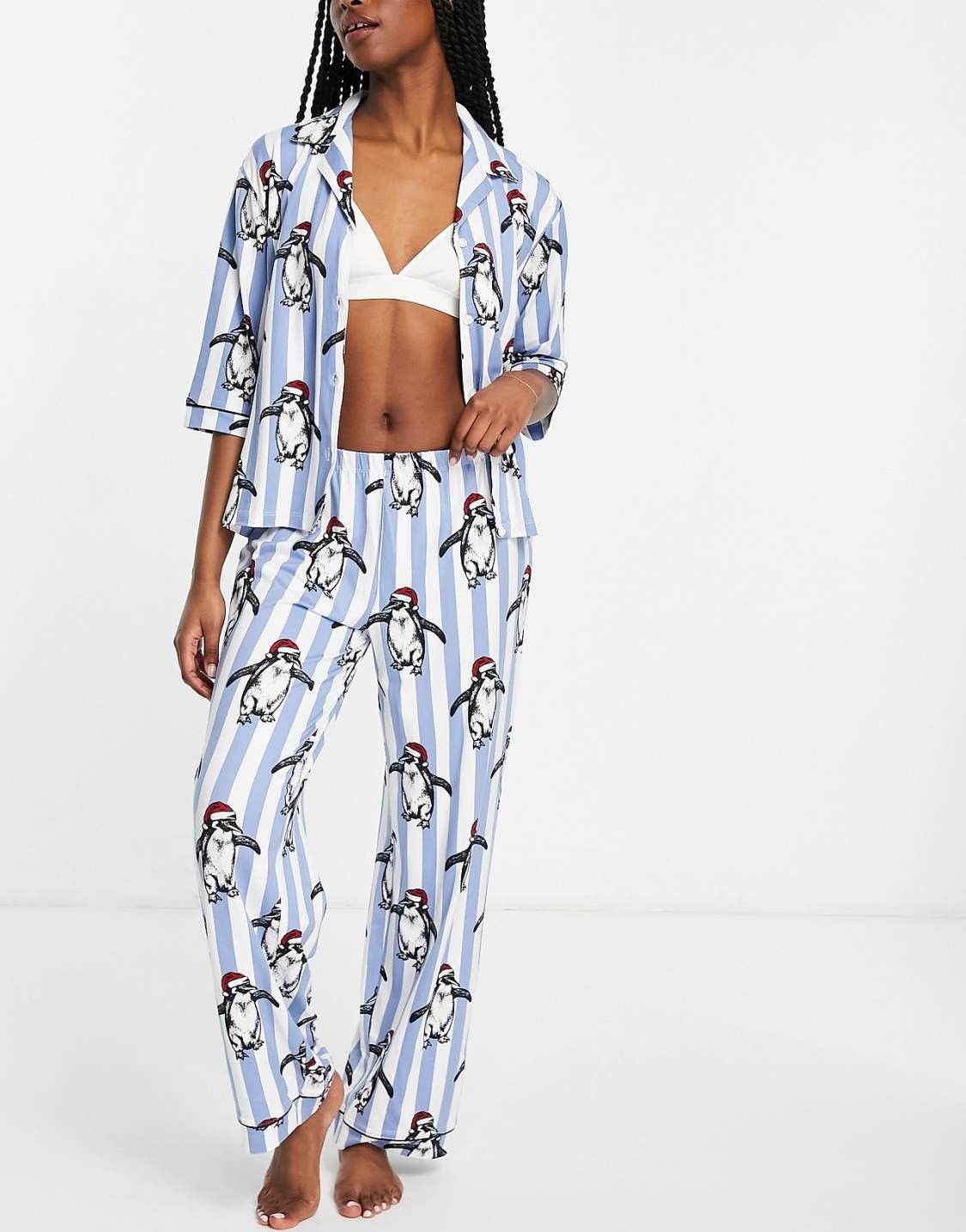 Chelsea Peers christmas penguin satin stripe pyjamas in pale blue